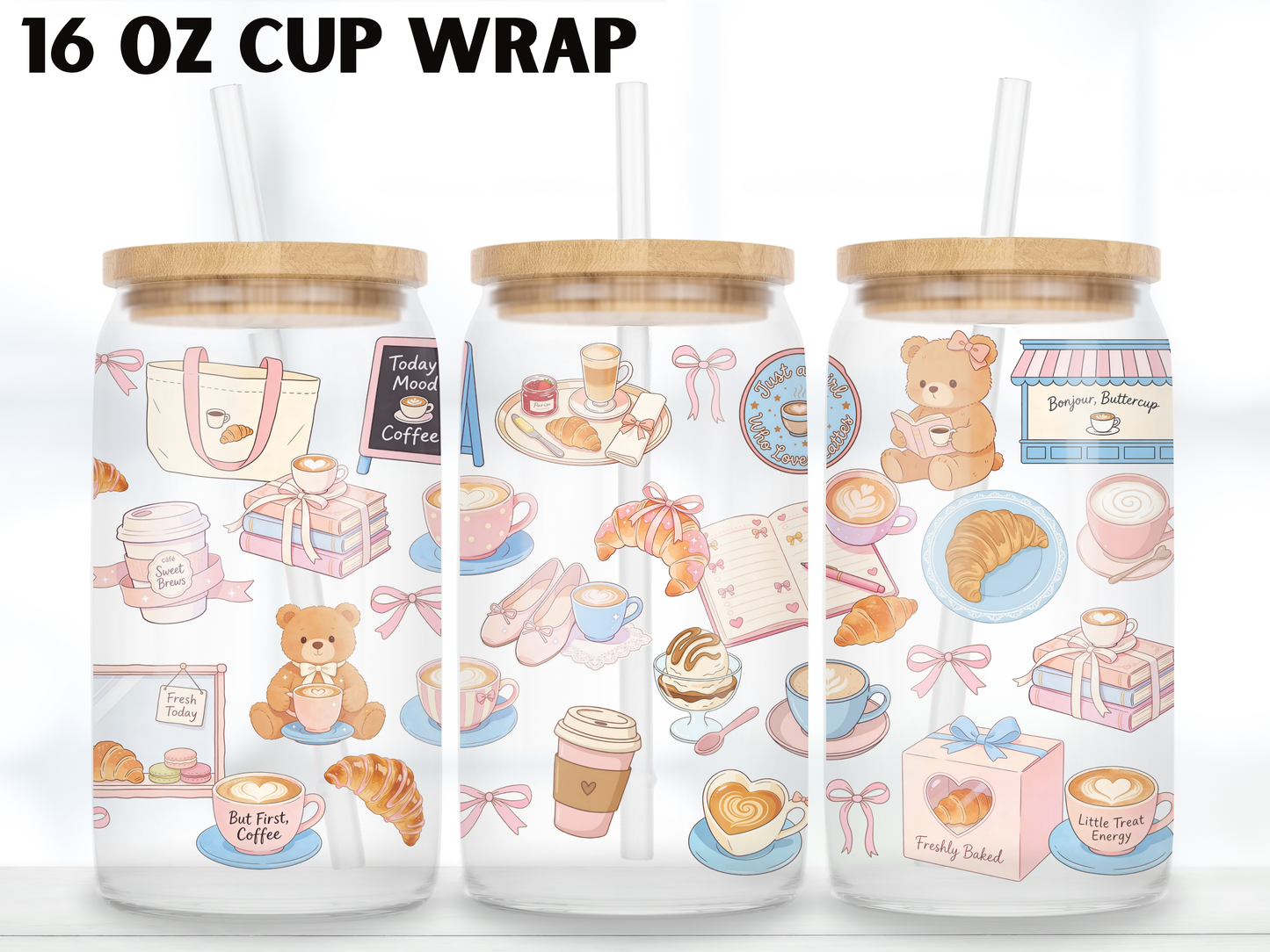 Coquette Coffee 16oz Glass Can Wrap PNG, Pink Cafe Cup Wrap, Croissant Latte Libbey Design