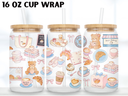 Coquette Coffee 16oz Glass Can Wrap PNG, Pink Cafe Cup Wrap, Croissant Latte Libbey Design