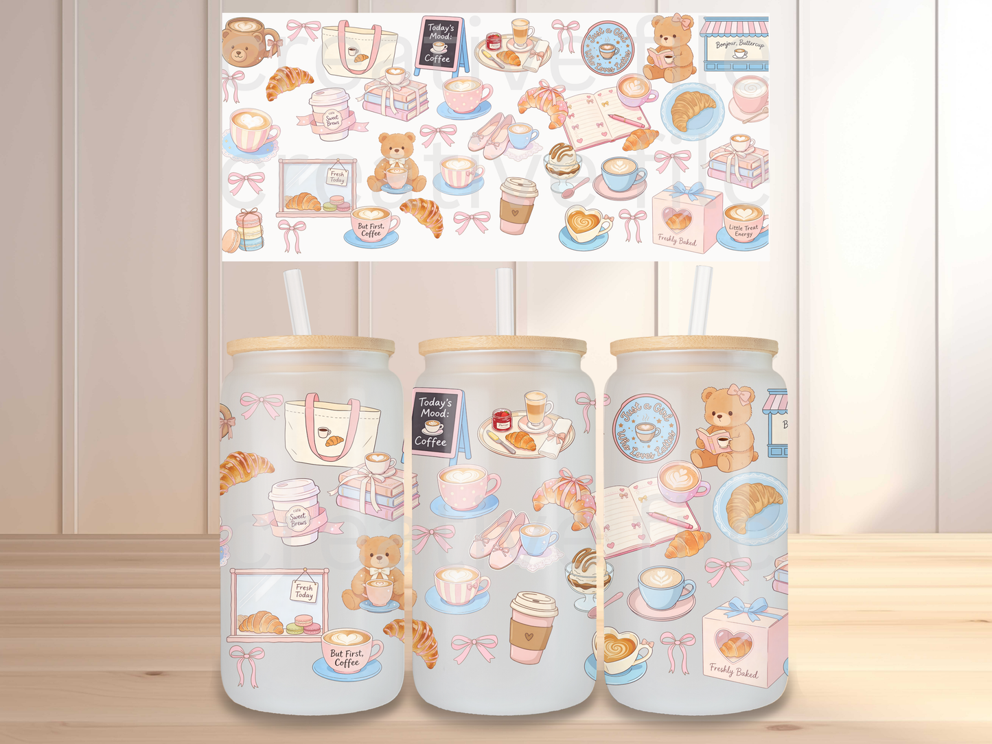 Coquette Coffee 16oz Glass Can Wrap PNG, Pink Cafe Cup Wrap, Croissant Latte Libbey Design