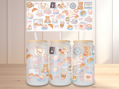 Coquette Coffee 16oz Glass Can Wrap PNG, Pink Cafe Cup Wrap, Croissant Latte Libbey Design