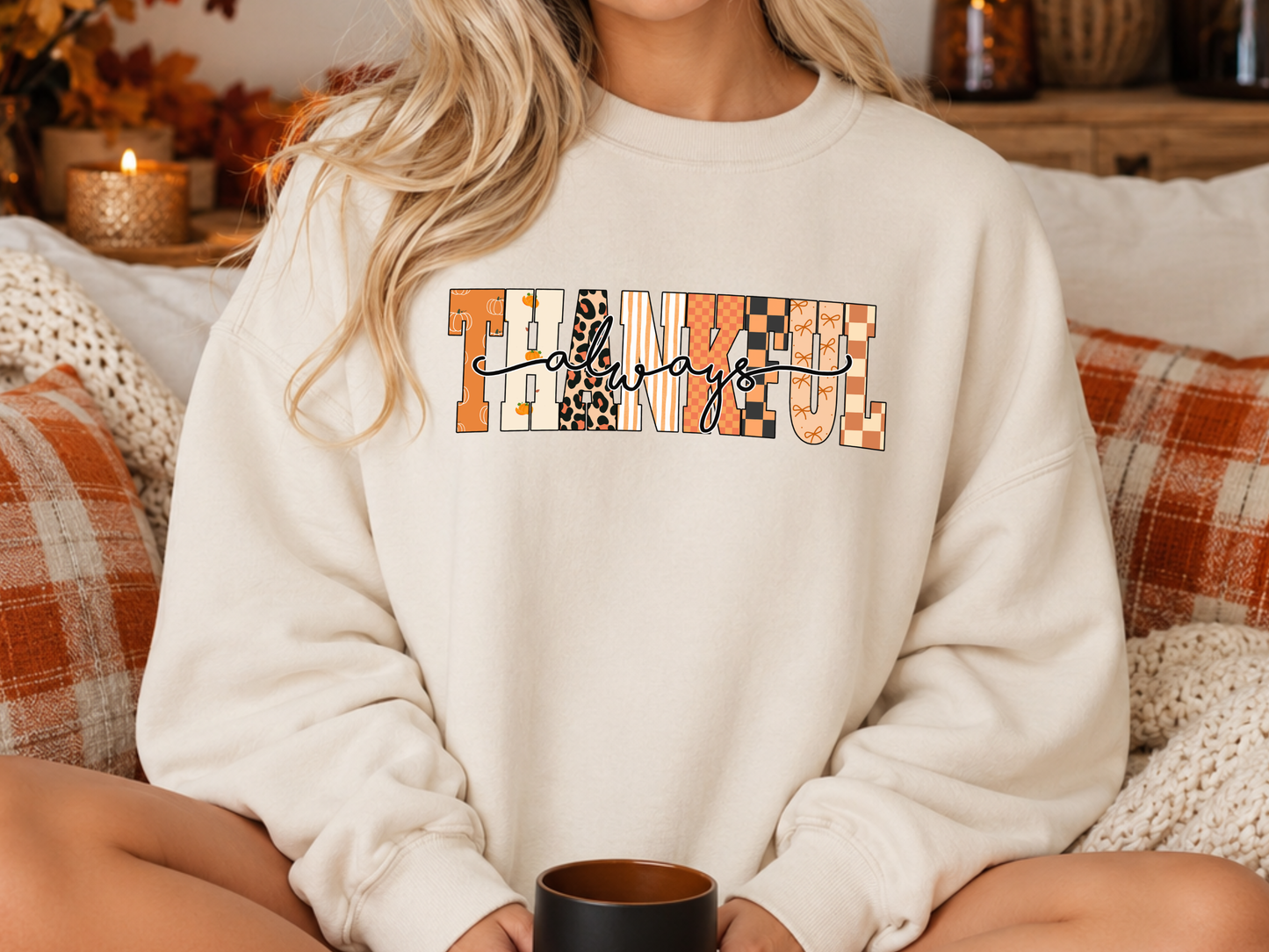 Thankful Always PNG, Patterned Fall T-Shirt Design, Autumn Thanksgiving Sublimation Graphic