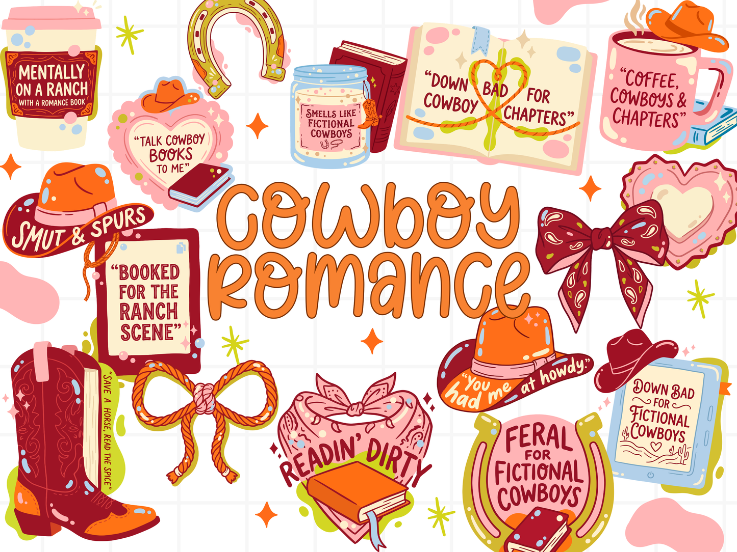 Cowboy Romance PNG Clipart Bundle, Western Book Lover Graphics