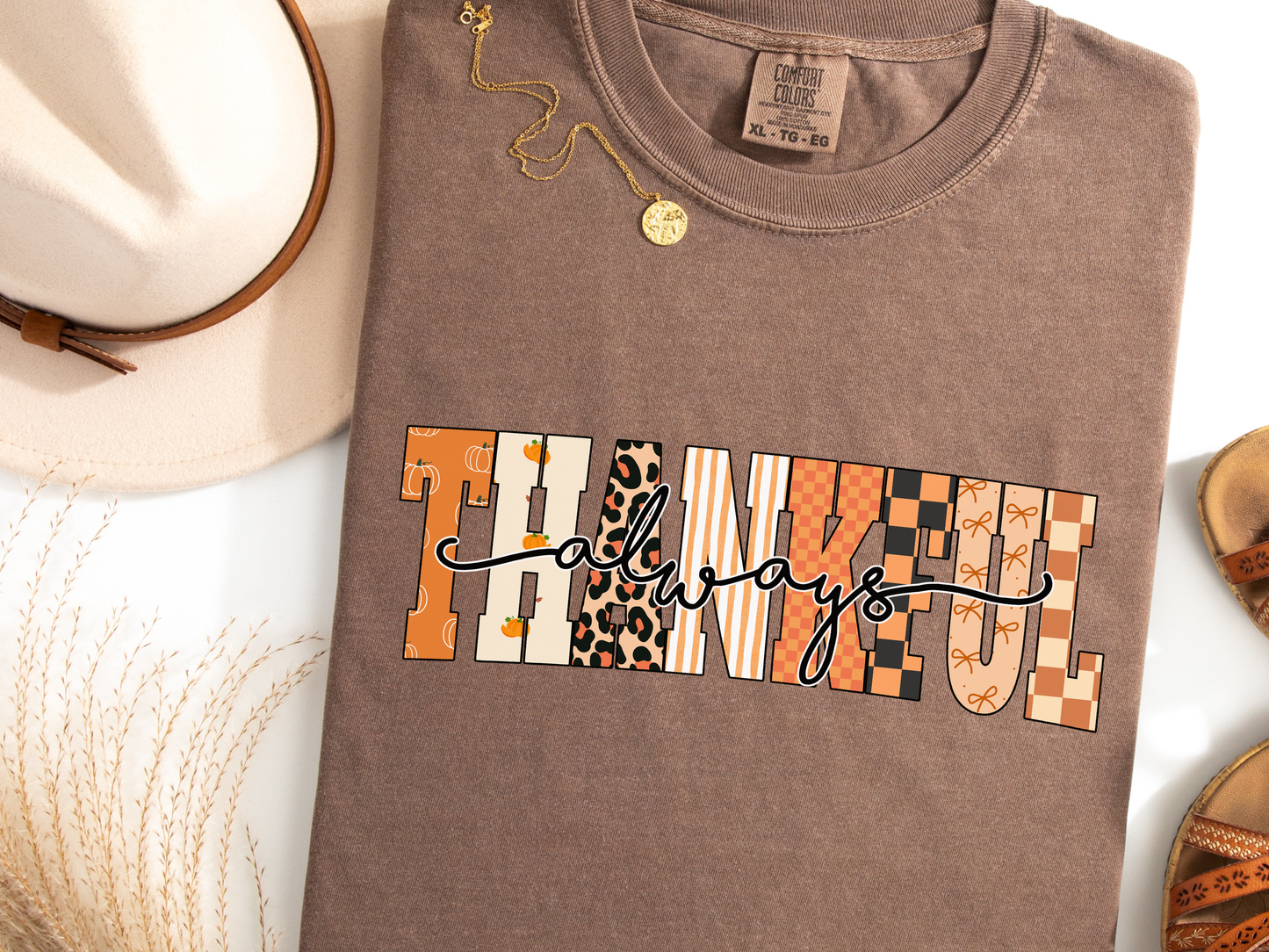 Thankful Always PNG, Patterned Fall T-Shirt Design, Autumn Thanksgiving Sublimation Graphic