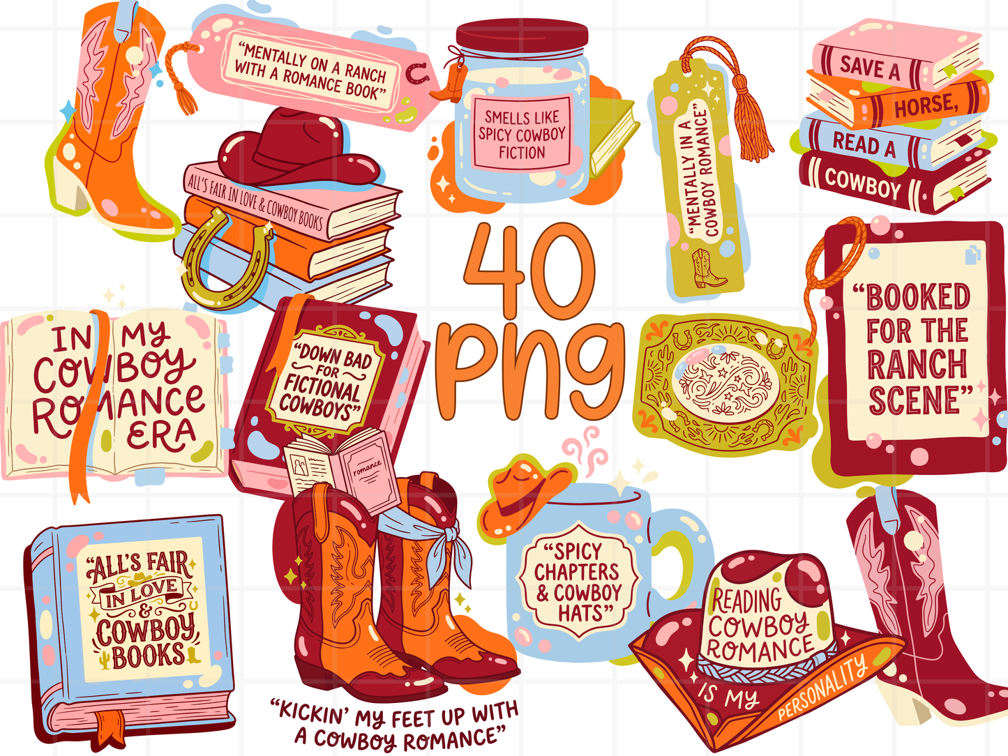 Cowboy Romance PNG Clipart Bundle, Western Book Lover Graphics
