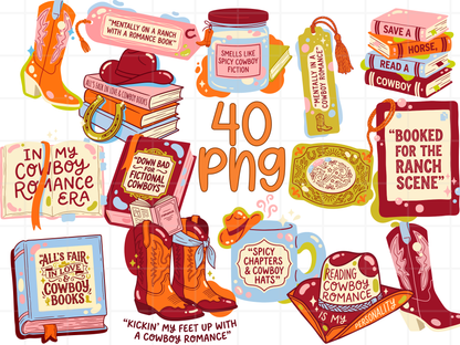 Cowboy Romance PNG Clipart Bundle, Western Book Lover Graphics