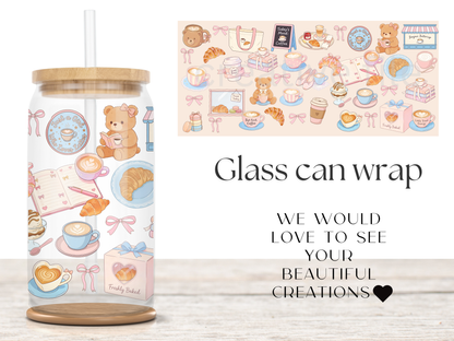 Coquette Coffee 16oz Glass Can Wrap PNG, Pink Cafe Cup Wrap, Croissant Latte Libbey Design