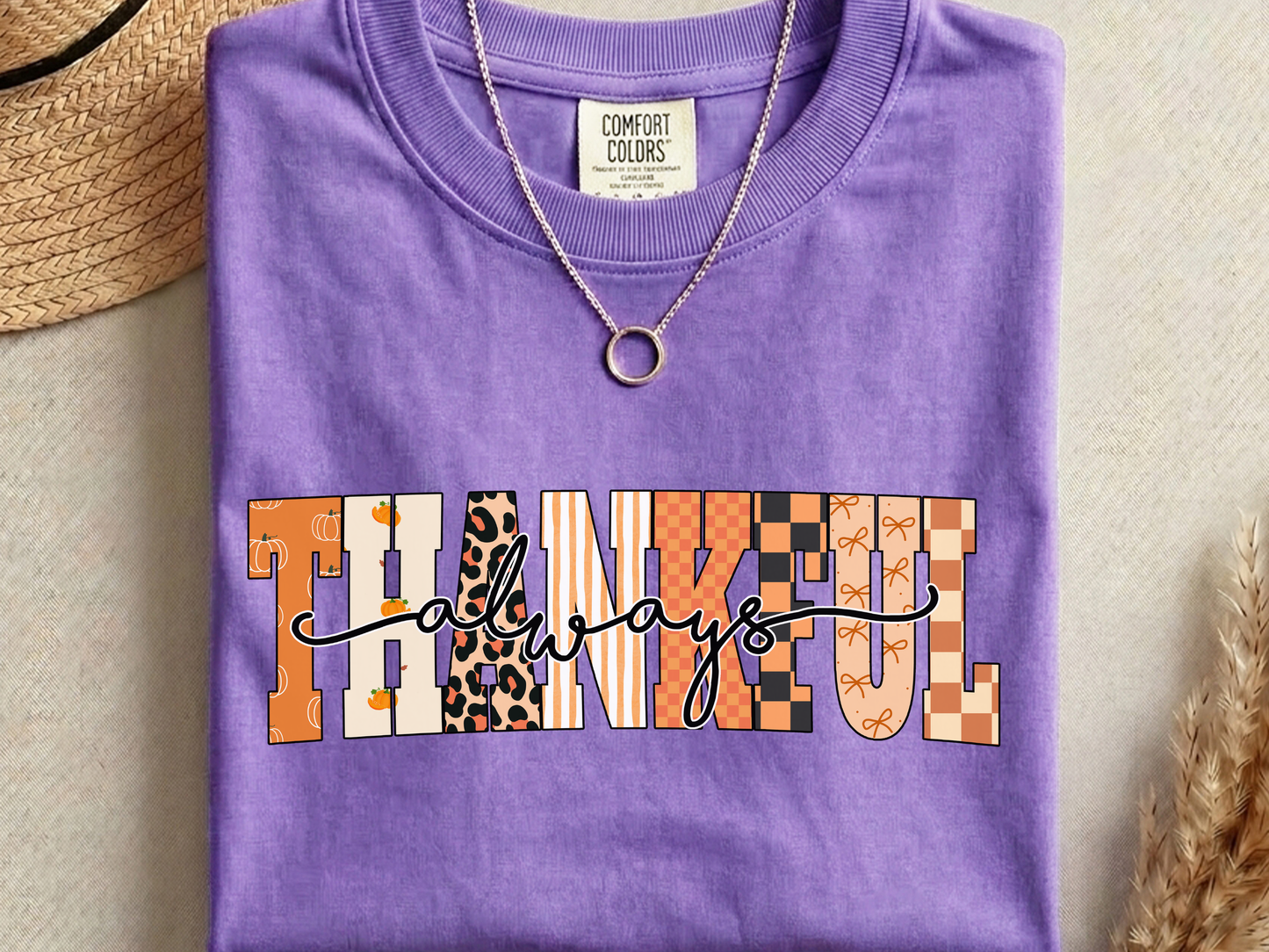Thankful Always PNG, Patterned Fall T-Shirt Design, Autumn Thanksgiving Sublimation Graphic