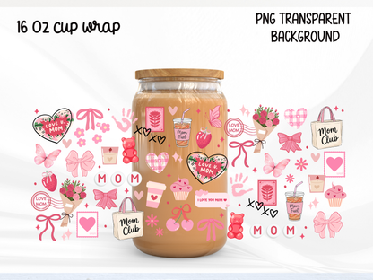 Love You Mom 16oz Glass Can Wrap PNG, Pink Mother’s Day Cup Wrap, Mom Club Libbey Design