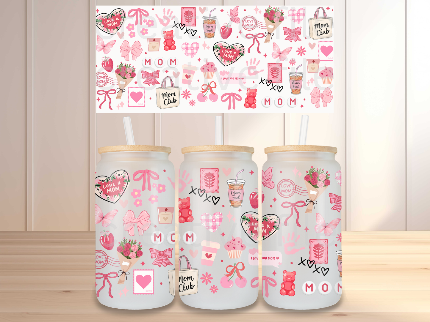 Love You Mom 16oz Glass Can Wrap PNG, Pink Mother’s Day Cup Wrap, Mom Club Libbey Design