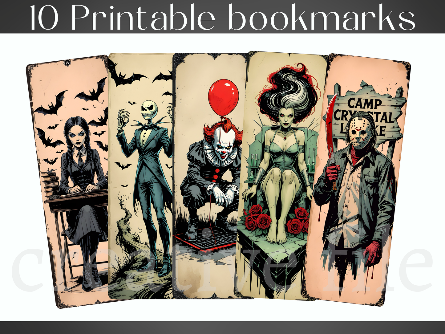 10 Printable Horror Bookmarks Bundle, Vintage Spooky Character Bookmark Set