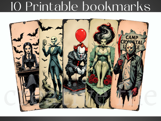 10 Printable Horror Bookmarks Bundle, Vintage Spooky Character Bookmark Set