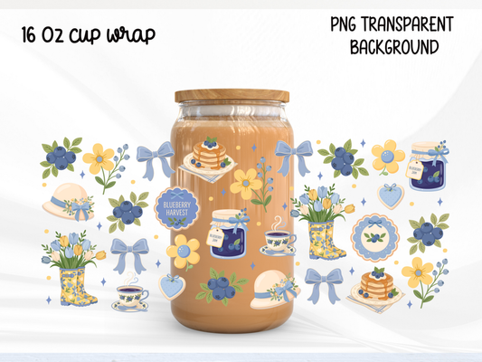 Blueberry Harvest 16oz Glass Can Wrap PNG, Blueberry Jam Cup Wrap, Cottagecore Libbey Design