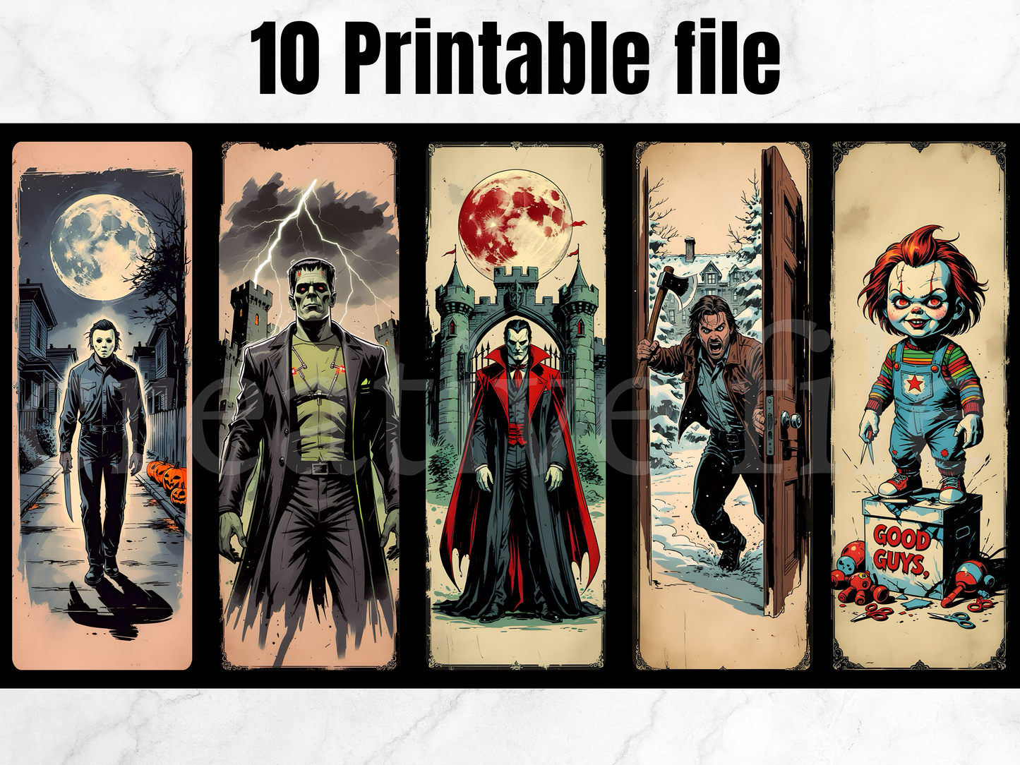 10 Printable Horror Bookmarks Bundle, Vintage Spooky Character Bookmark Set
