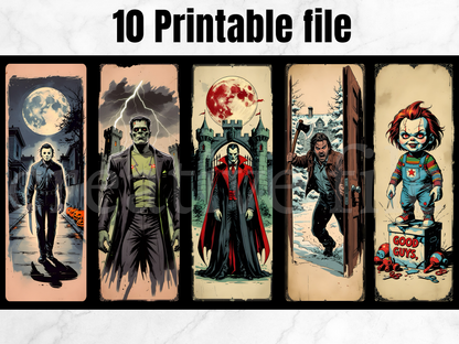 10 Printable Horror Bookmarks Bundle, Vintage Spooky Character Bookmark Set