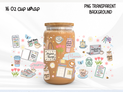 Mama Life Glass Can Wrap PNG, Mom Coffee Cup Wrap, Pastel Mama Libbey Design