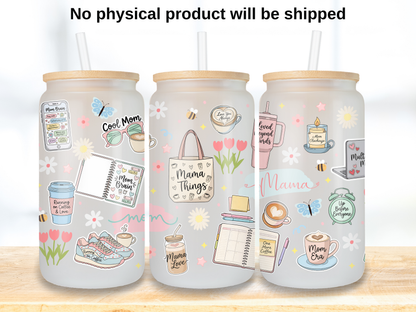 Mama Life Glass Can Wrap PNG, Mom Coffee Cup Wrap, Pastel Mama Libbey Design
