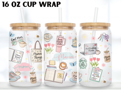 Mama Life Glass Can Wrap PNG, Mom Coffee Cup Wrap, Pastel Mama Libbey Design