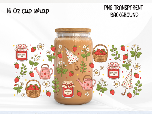 Strawberry Garden 16oz Glass Can Wrap PNG, Cottagecore Strawberry Jam Cup Wrap, Summer Libbey PNG