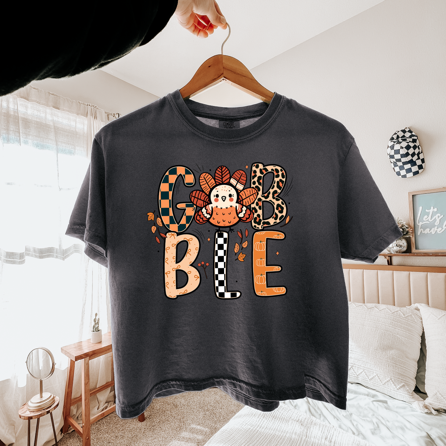 Gobble Turkey PNG, Cute Thanksgiving T-Shirt Design, Patterned Fall Sublimation Graphic