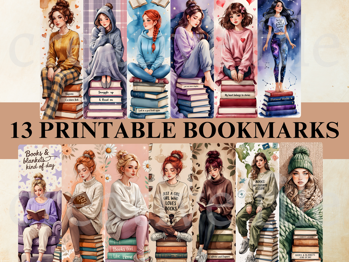 13 Printable Bookmarks Bundle, Cozy Book Girl Bookmarks PNG