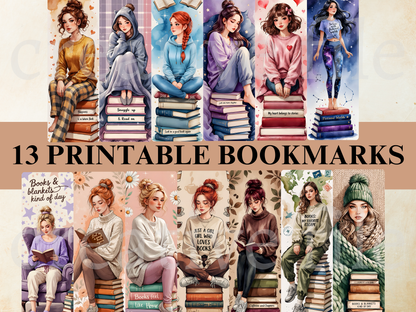 13 Printable Bookmarks Bundle, Cozy Book Girl Bookmarks PNG